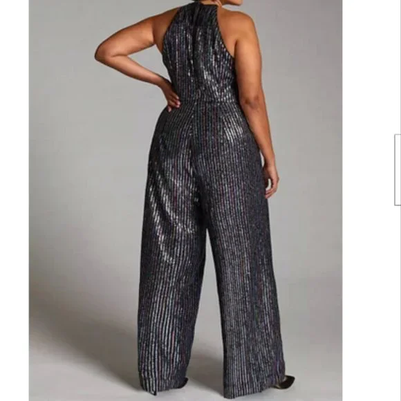 Anthropologie Maeve 26W NWT Metallic Disco Halter Wide Leg Jumpsuit Silver Black
